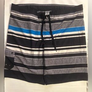 Hang Ten Black, White & Blue Striped Swim Board Shorts